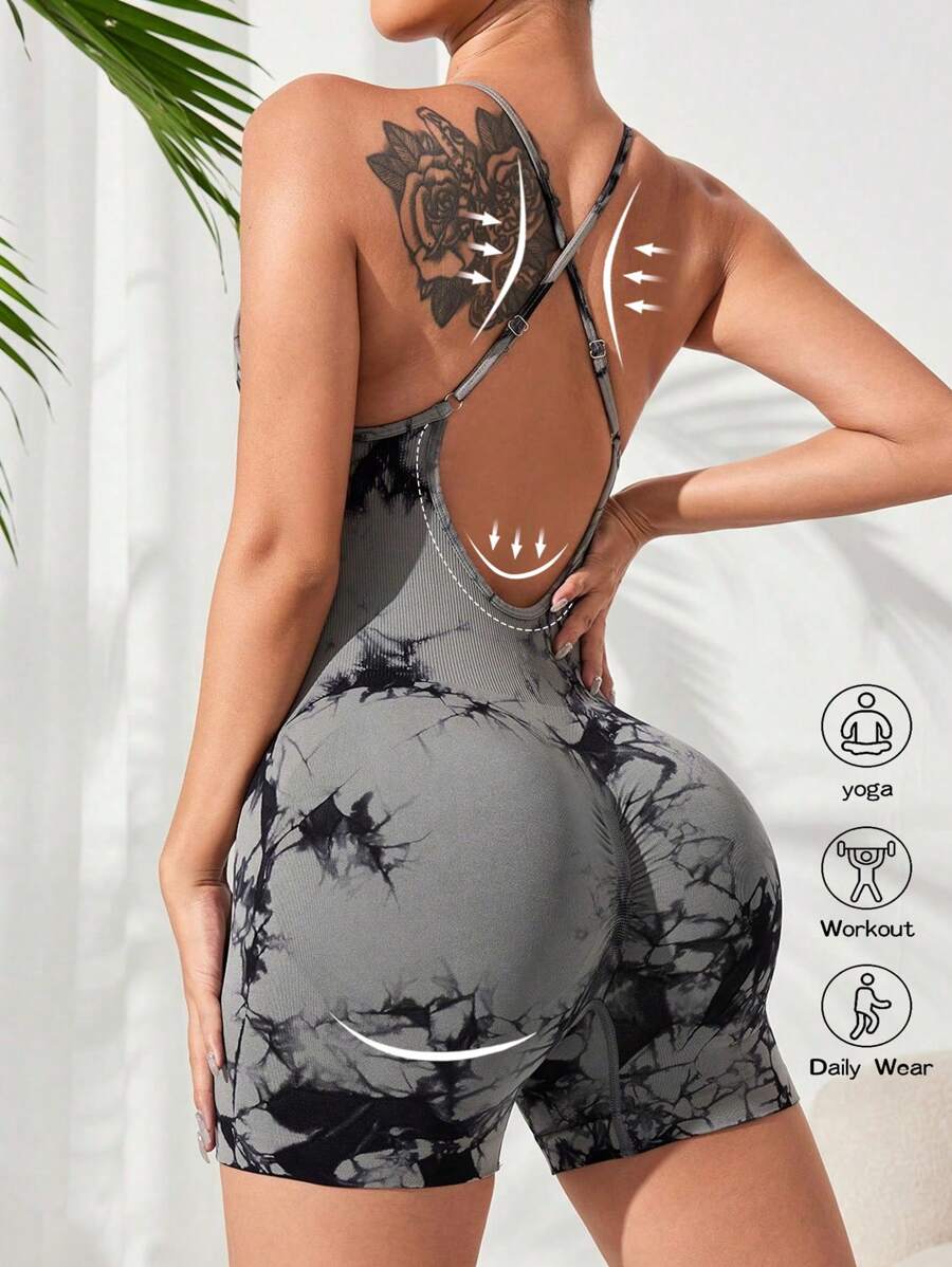 SHEIN Sport Studio Damen Batik Muster Camisole Romper mit Kreuzrücken