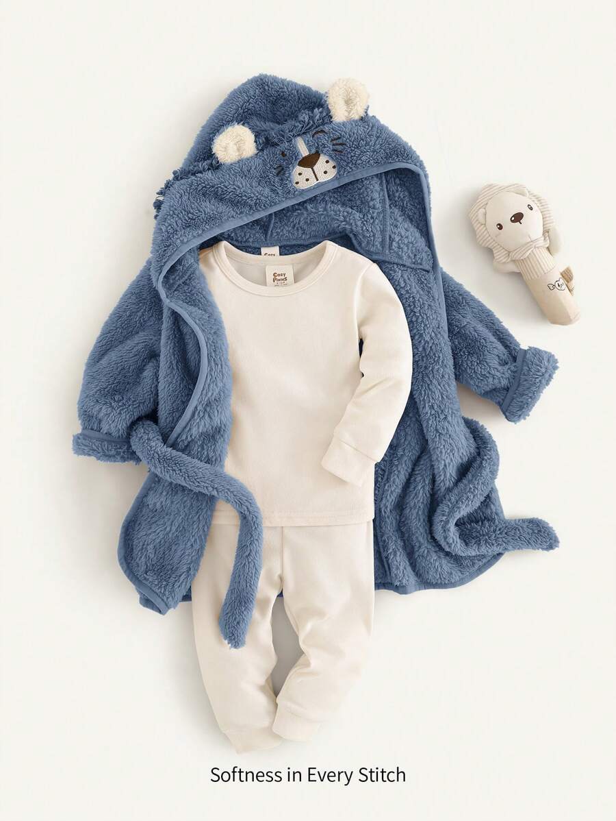 Cozy Pixies Baby Boy Cartoon Lion Design 3D Ear Hooded Tassel Decor Long Sleeve Open Front Robe