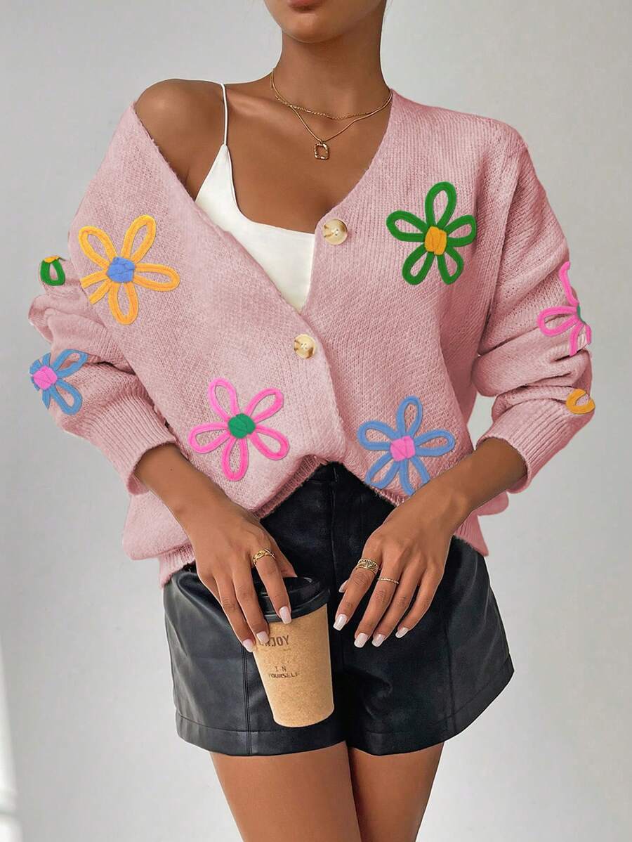 SHEIN LUNE Women Floral Embroidered Front Button Casual Long Sleeve Cardigan