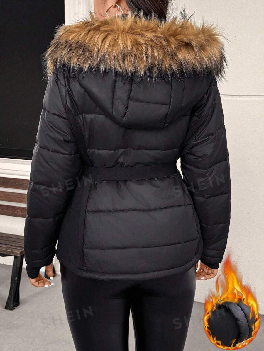 SHEIN Frenchy Abrigo acolchado de talla grande negro para invierno, casual y sencillo, con cuello y cinturón desmontables, con bolsillos, cálido y a prueba de viento, forrado térmico