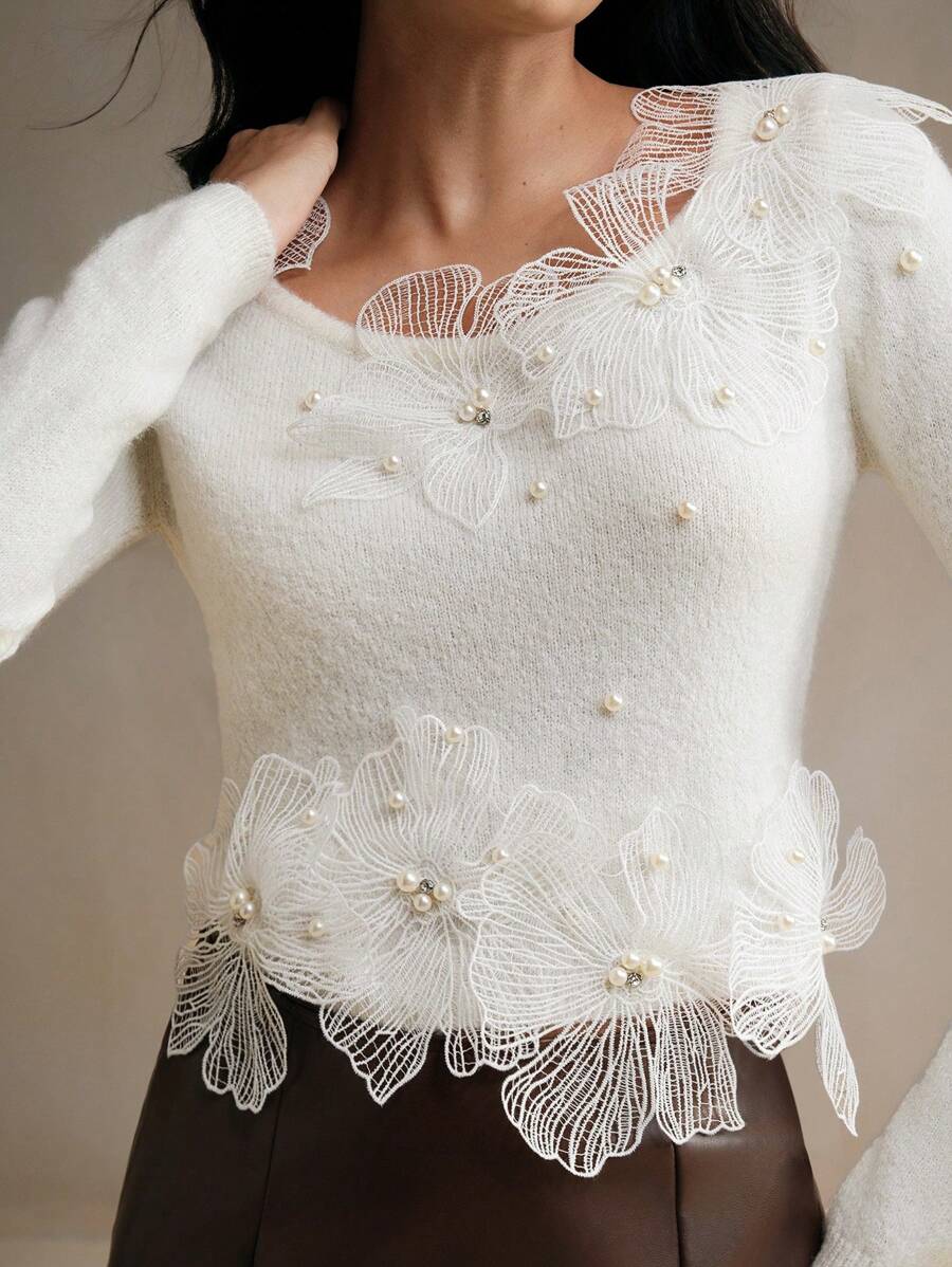 Anewsta 1pc Women 3D Floral Rhinstone Decor Long Sleeve Knitted Turtleneck Christmas Elegant Soft Comfortable Undershirt, Autumn/Winter For Spring Outfit