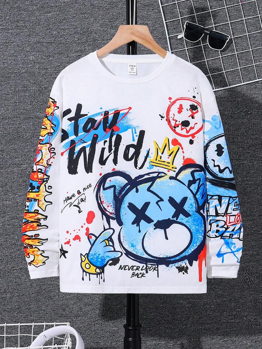 Camiseta de manga larga informal con estilo urbano para niño preadolescente, con diseño gráfico de oso y letras graffiti, adecuada para trayectos, escuela, uso diario casual, deportes, otoño e invierno