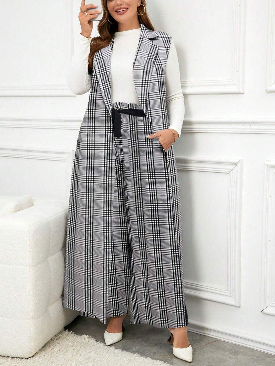 SHEIN Clasi Plus Size Women Plaid Lapel Sleeveless Long Jacket And Wide Leg Pants Casual Suit Set, Autumn