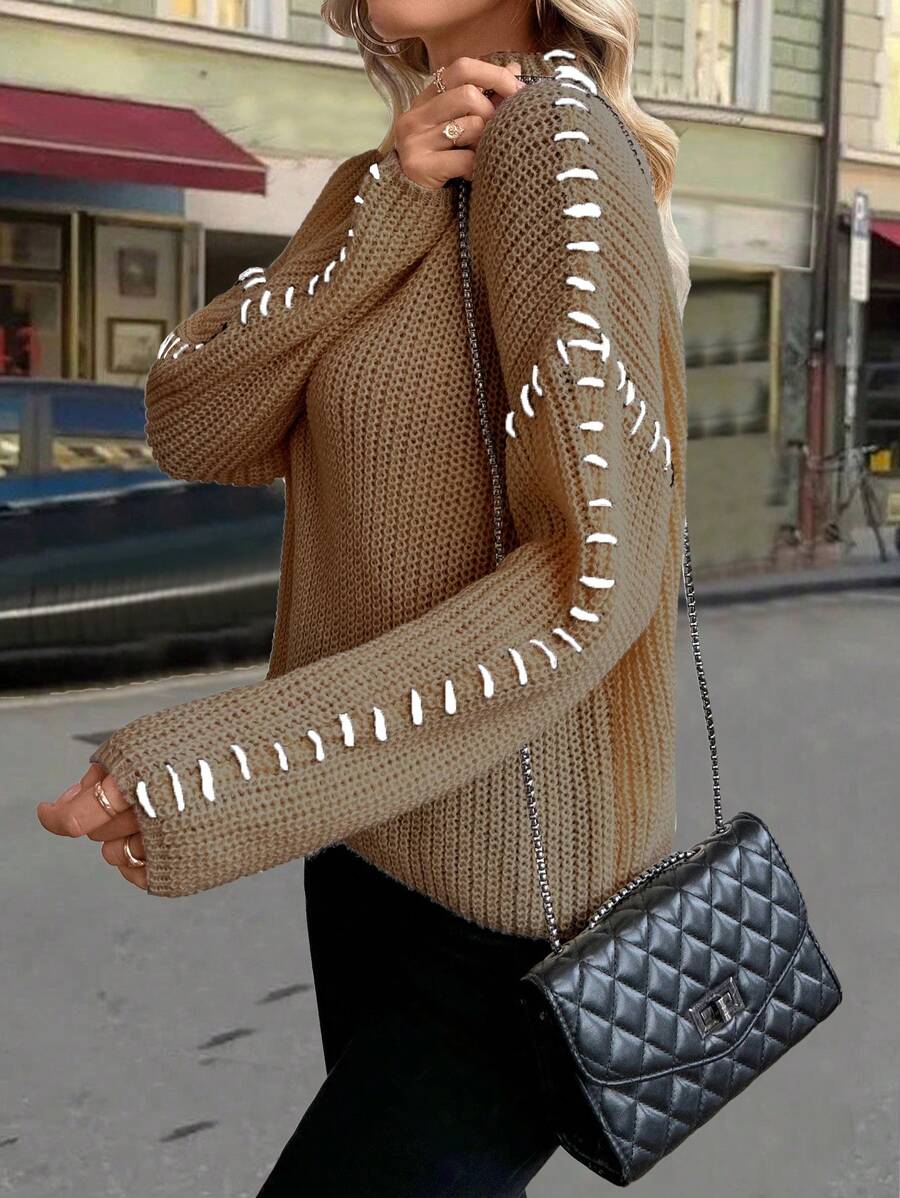 SHEIN Unity Autumn/Winter New High Neck Loose Casual Long Sleeve Sweater With Design Elements