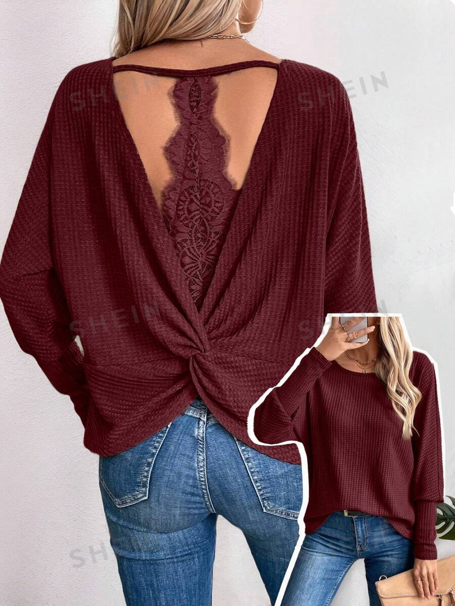 SHEIN LUNE Camiseta casual y versátil con espalda hueca y empalme de encaje texturizado
