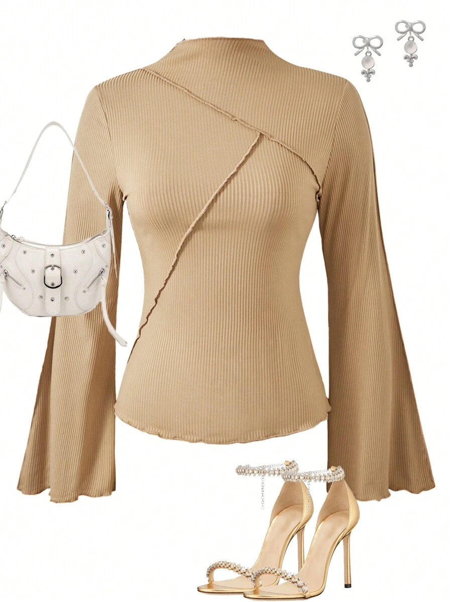 Teen Girl Solid Color Lace Trim Fitted Flare Sleeve Long Sleeve T-Shirt