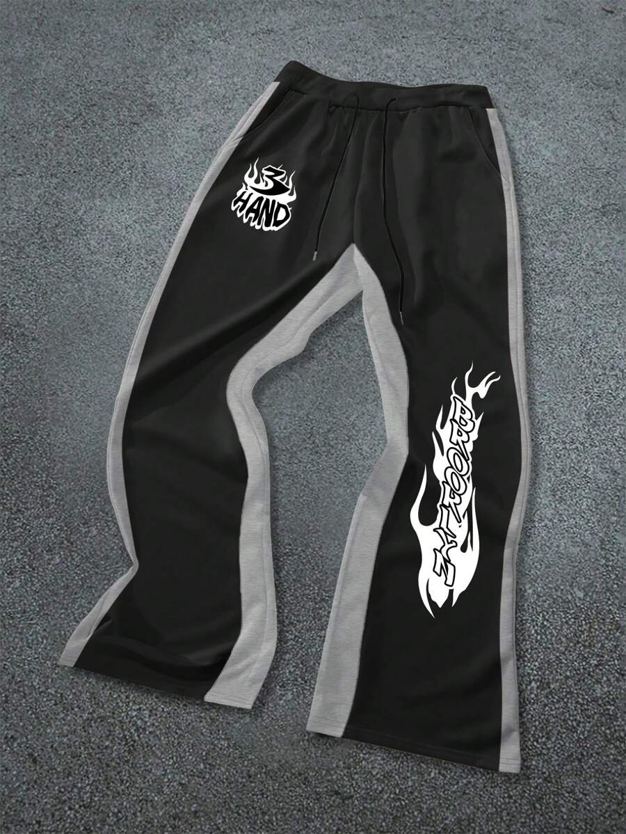 Manfinity EMRG Men's Flame & Letter Print Contrast Color Drawstring Loose Sweatpants