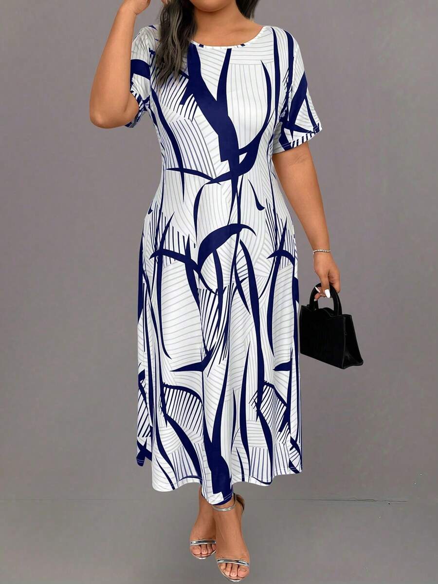 EMERY ROSE Plus Size All-Over Print Crew Neck Short Sleeve Casual Dress Women Outfit, For Summer