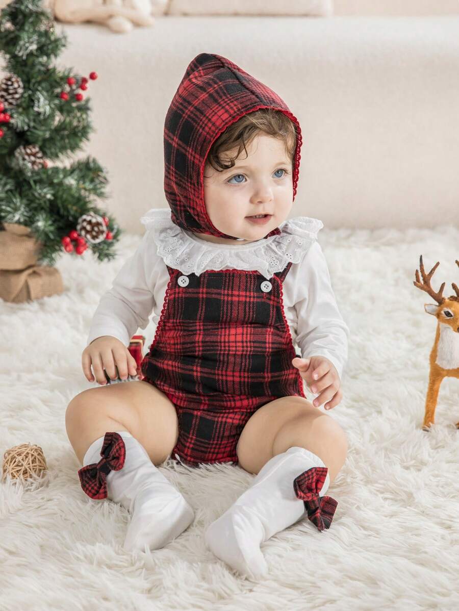 SHEIN Set di 5 pezzi di abbigliamento per neonata: cappellino ricamato, bavaglio, calze con fiocco, blusa con volant, tutina a quadri, caldo e confortevole per l' autunno e l' inverno all' aperto