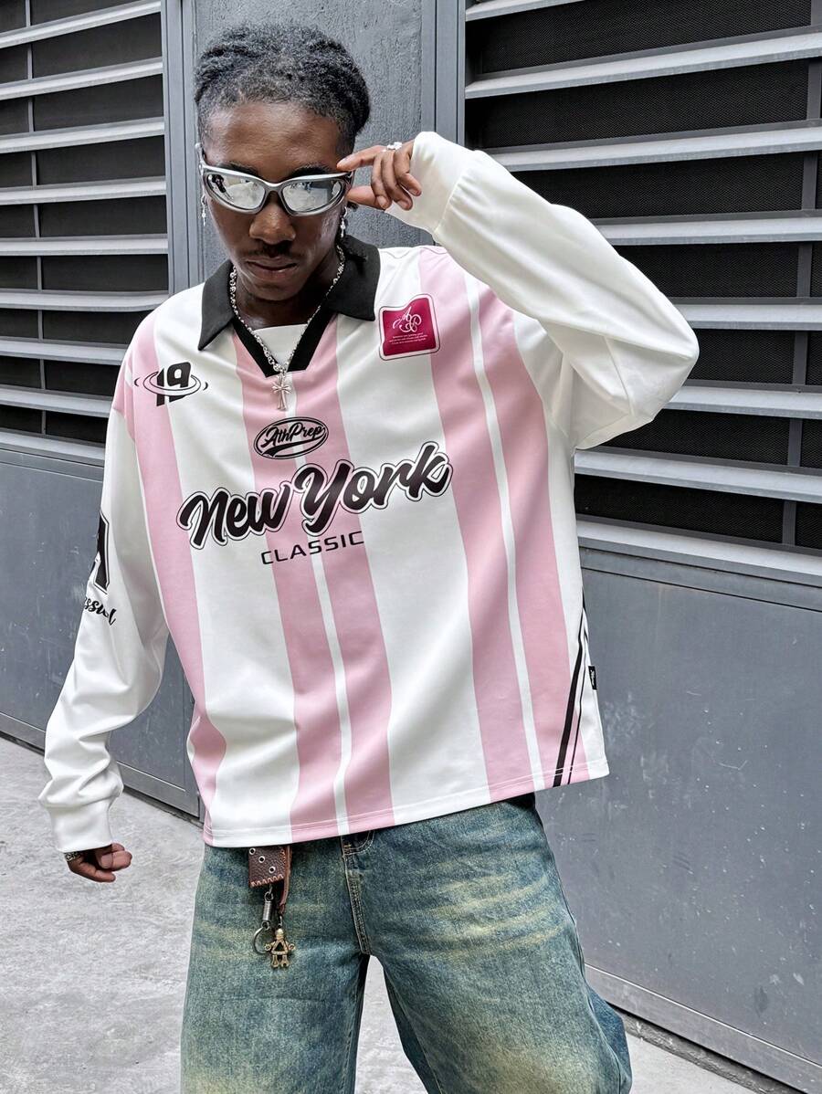 AXEPEAK Polo da uomo casual in jersey con stampa colorblock e lettera, abbigliamento casual da strada, autunno, maglietta grafica atletica a maniche lunghe da uscire a New York, per amici, streetwear