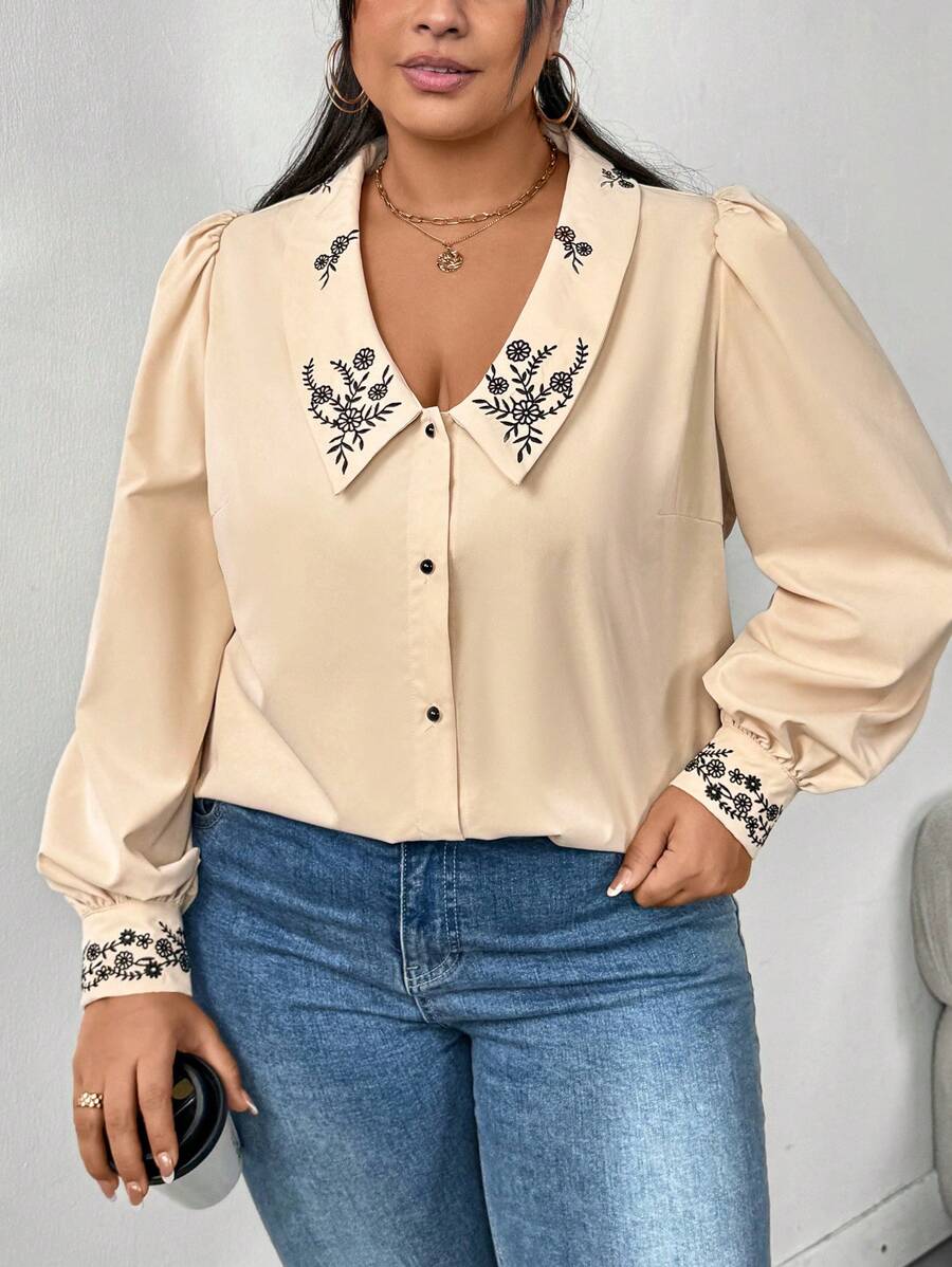 SHEIN CURVE+ Blusa de manga larga con detalles de bordado, estilo burbuja, para vacaciones, talla grande