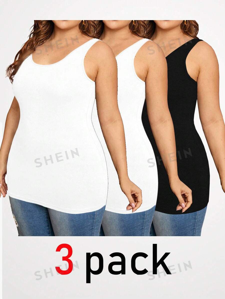 SHEIN Essnce Ropa para mujer talla grande - Chaleco largo básico de moda casual y cómodo de 3 paquetes en negro y blanco para las cuatro estaciones. Ropa de mujer de otoño, tops curvilíneos, camisolas, tops sin mangas, conjunto de mujer de verano.