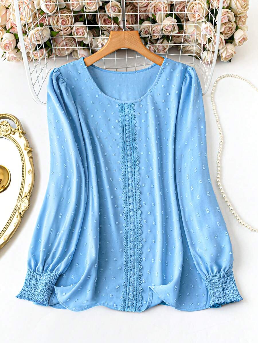 SHEIN LUNE Plus Size Crew Neck Long Sleeve Swiss Dot Minimalist Casual Blouse
