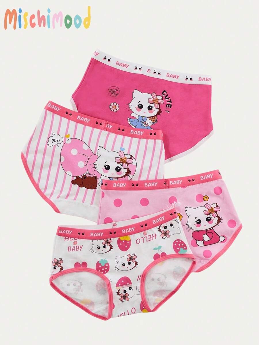 Young Girl 4pcs Cartoon Graphic Contrast Binding Brief