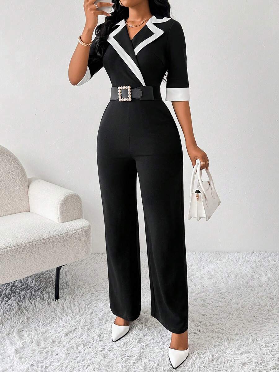 SHEIN Lady Elegante zakelijke diep uitgesneden zwarte en witte kleurblok jumpsuit voor dames, jumpsuits voor dames, herfstoutfits voor dames, uitgaansoutfits voor dames, jumpsuit