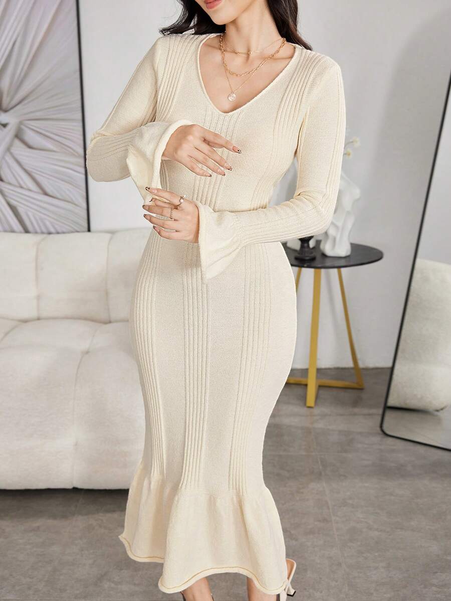Modelyn Women Casual Minimalistic V-Neck Bell Sleeve Fish Tail Hem Ribbed Knit Sweater Dress