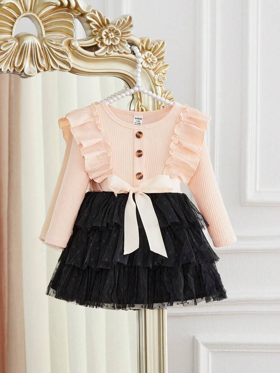 Baby Girl Ruffle Trim Mesh Hem Dress