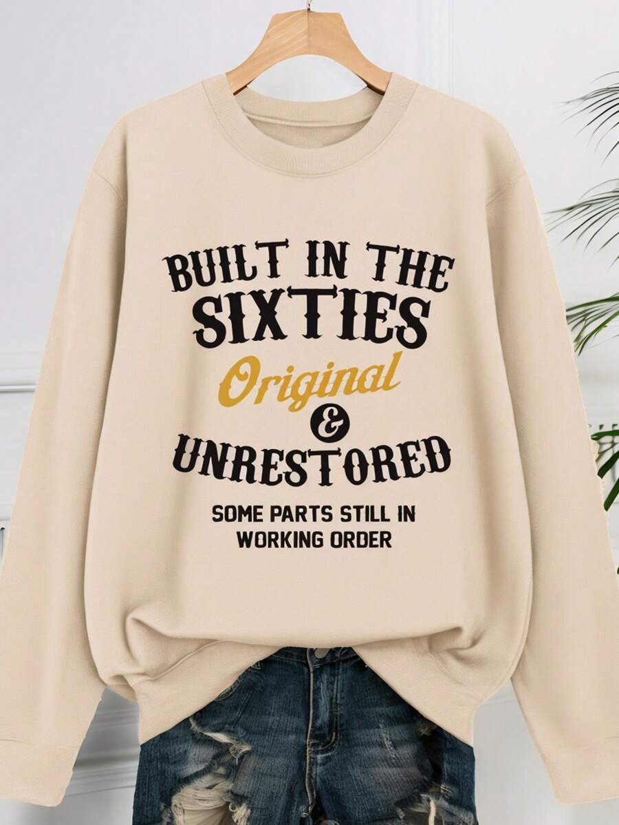 SHEIN LUNE Sudadera con capucha de manga larga de cuello redondo con estampado de lema minimalista casual, talla grande, otoño/invierno