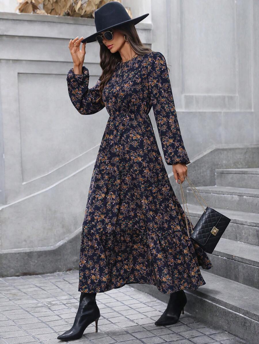 SHEIN LUNE Sukienka w kształcie litery A z falbaną w serek, rękaw dzwonkowy, wielowarstwowy dół z kwiatowym wzorem w stylu vintage, elegancka na co dzień i do pracy, jesień/zima