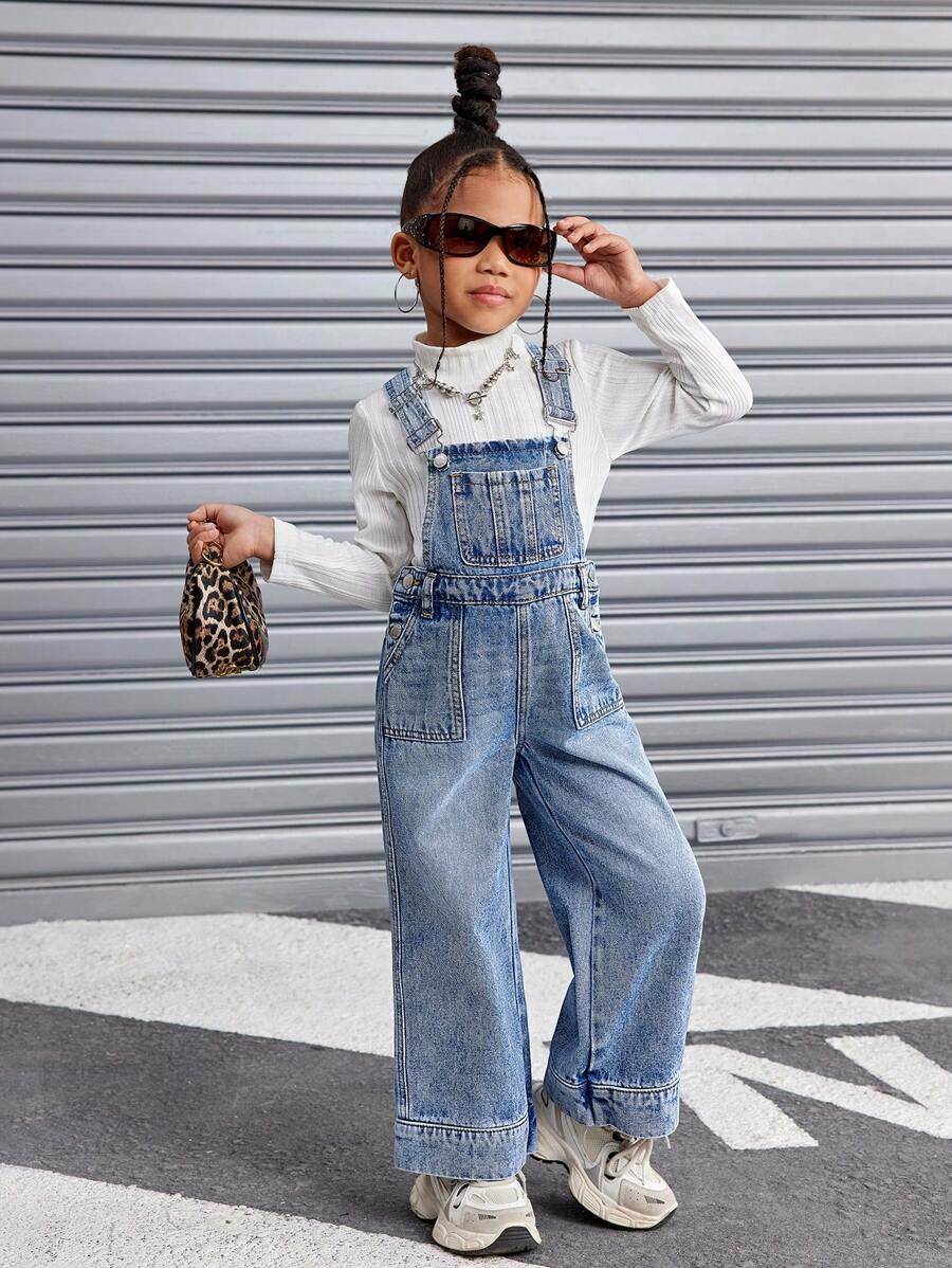SHEIN Macacão jeans azul básico para meninas, estilo Y2K, calças e macacão jeans estilo street cool, roupas de outono e inverno para meninas