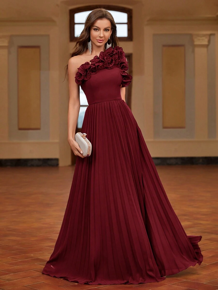 Elitara 1pc Asymmetrical Neck Pleated, Handmade 3D Floral Decor Women's Formal Evening Dress (Heavy Embellished), Elegant Prom Gown, For Wedding Guest, Graduation, Dinner, Party Dress