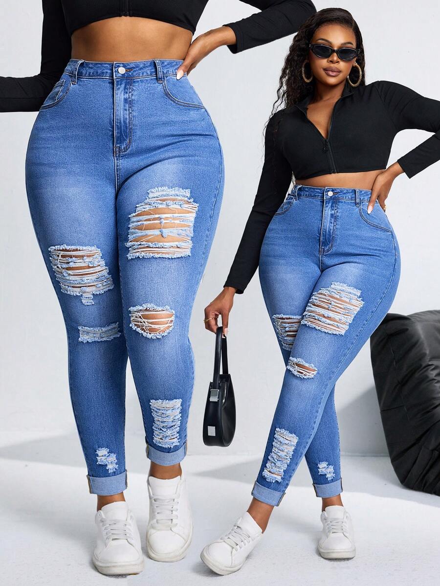 SHEIN SXY Plus Size Elastic Distressed Denim Jeans