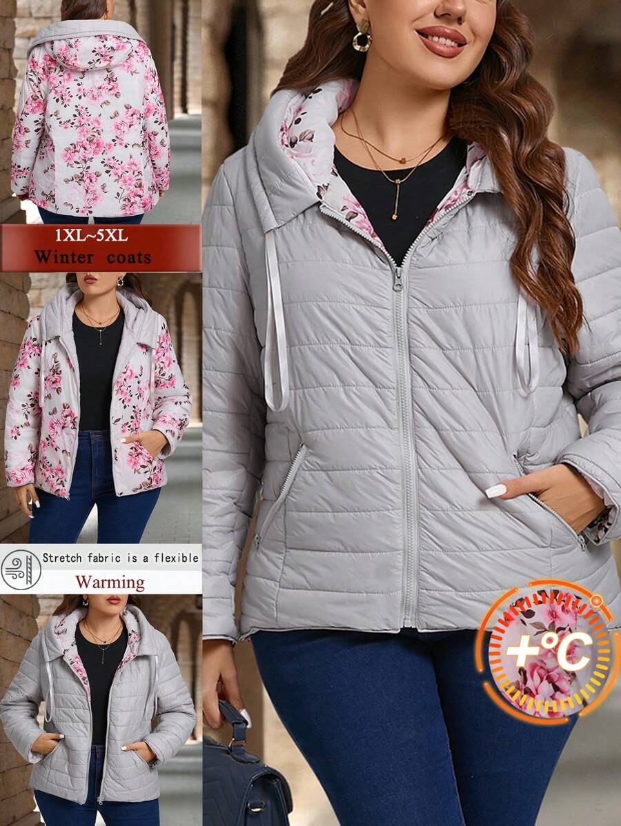 EMERY ROSE Bluza z kapturem z długim rękawem i zamkiem błyskawicznym z przodu w dużym rozmiarze, codzienna odzież, zimowy płaszcz damski