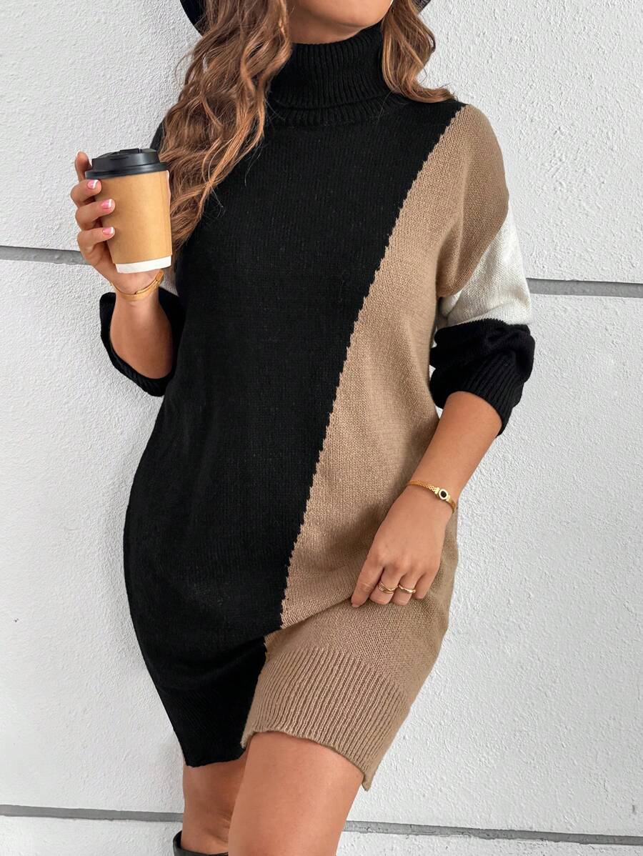 SHEIN LUNE Plus Size Women's Elegant High Neck Color Block Loose Black Pullover Sweater Dress Autumn Warm Casual Holiday Outfits