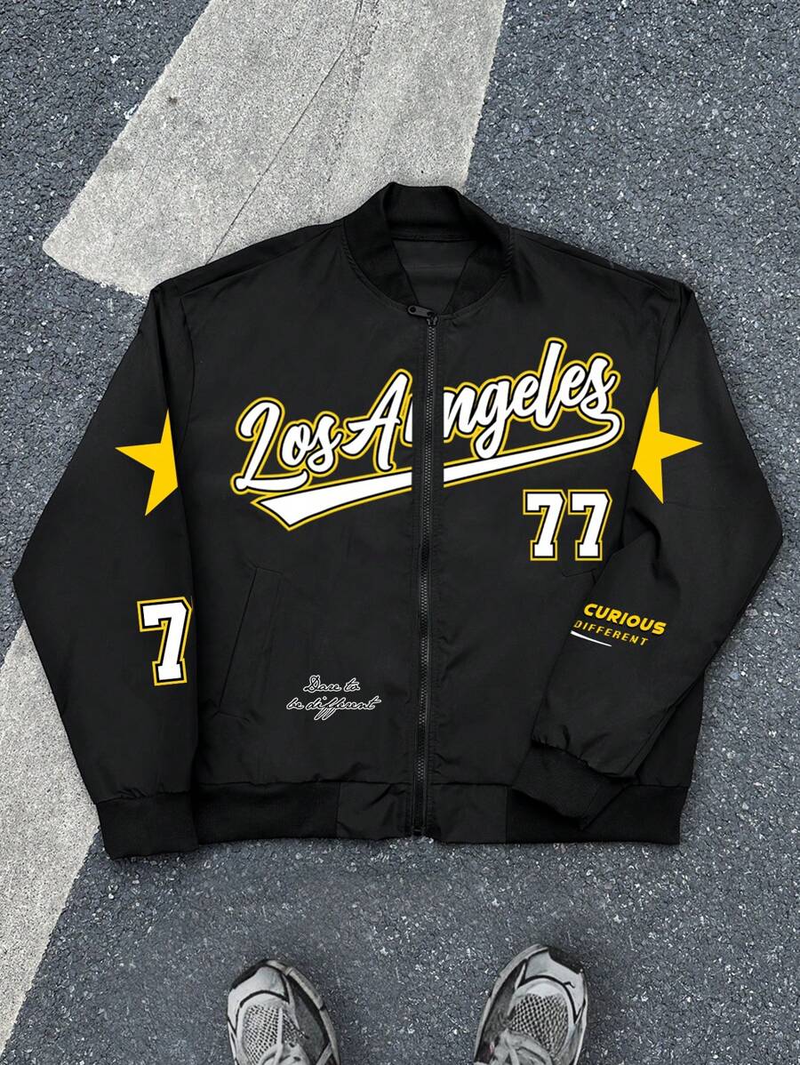Manfinity Sporsity Men's Front Zip Up Long Sleeve Letter Print Casual Jacket With Pocket