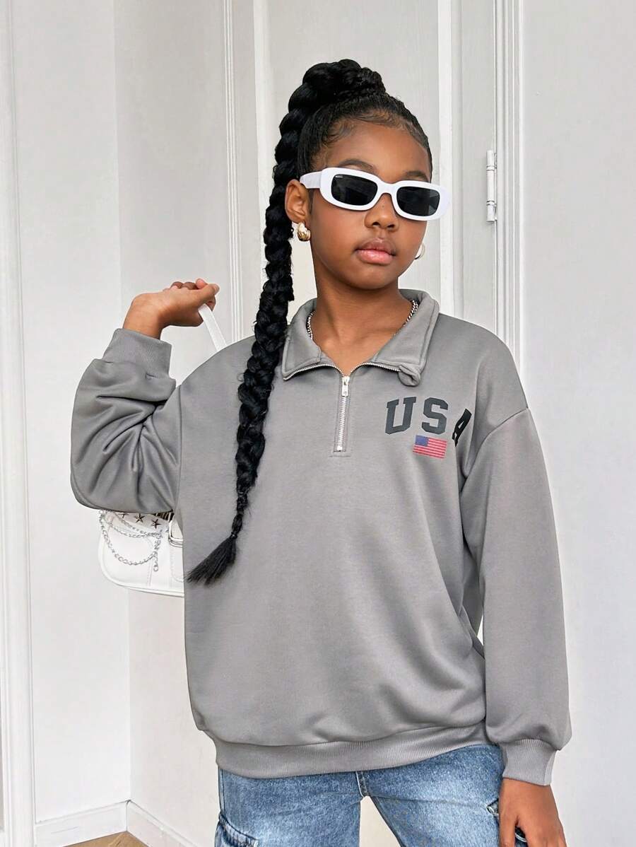 SHEIN Sudadera de manga larga cómoda con cuello de tripulación y estampado de letras suelta casual para niñas preadolescentes