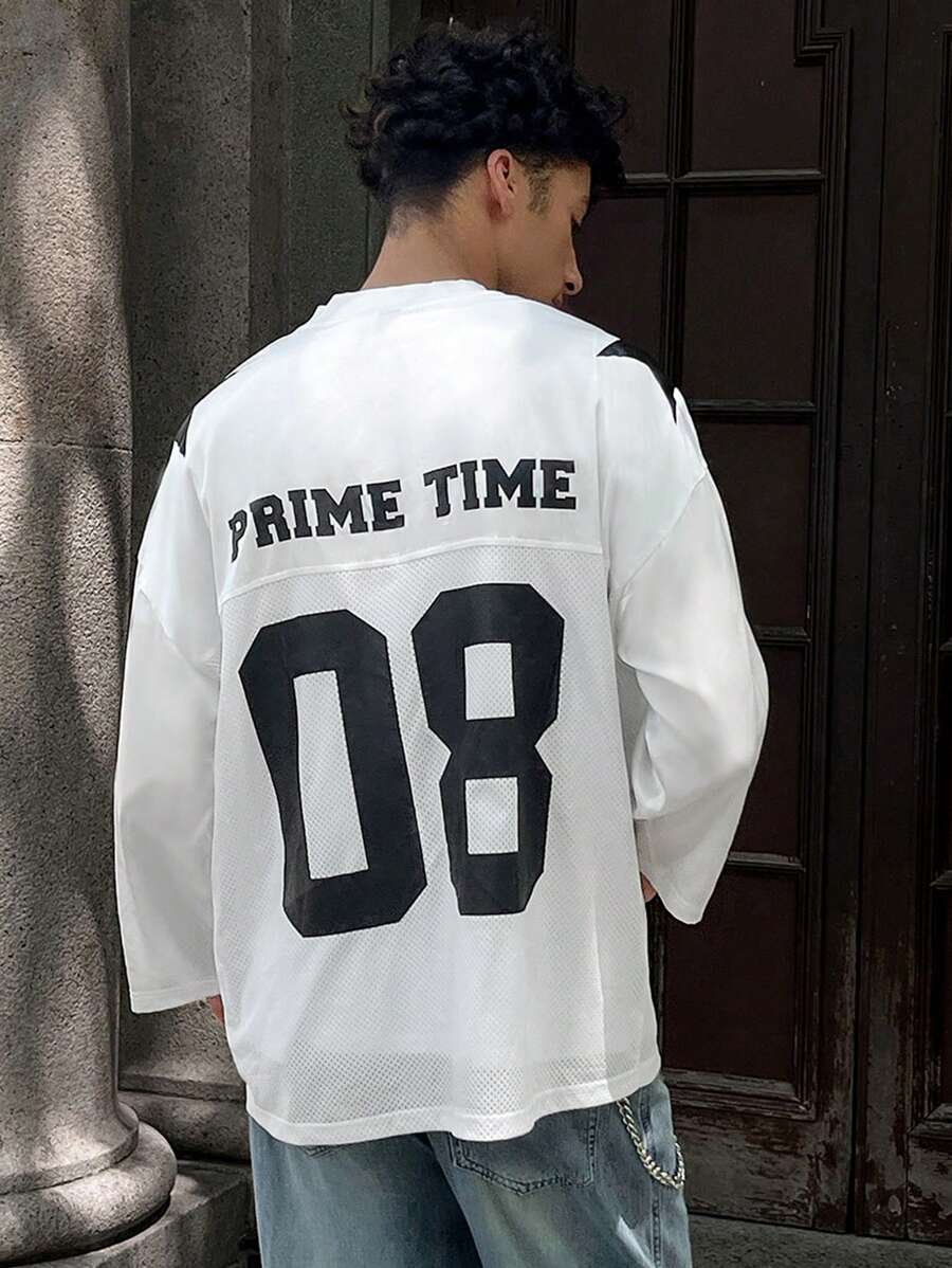 Manfinity VCAY Men's Casual Loose Fitting Knit Numeric Print Mesh Contrast Short Sleeve T-Shirt, Fashionable Youth Daily Wear