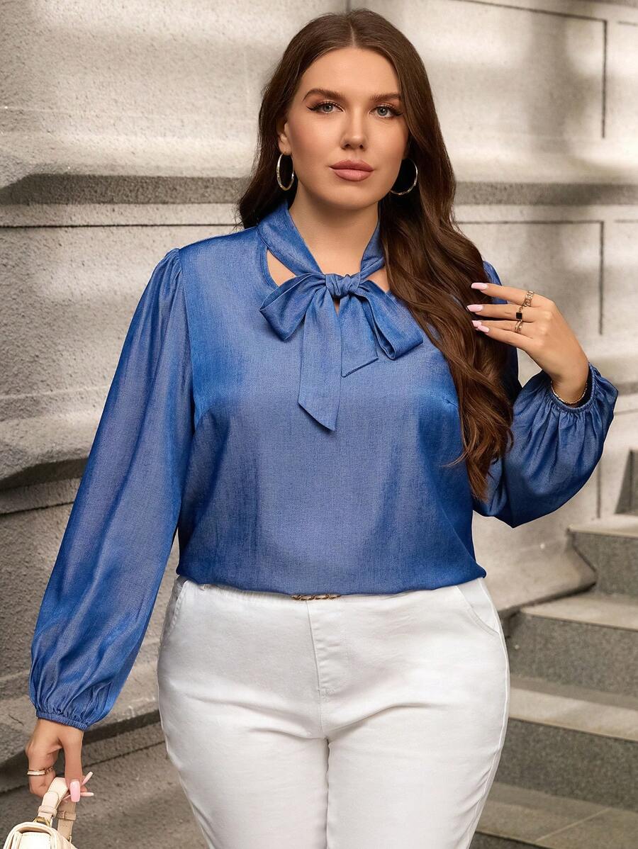 SHEIN Clasi Plus Size Women Office Lady Denim Blue Ribbon Collar Loose Blouse, Autumn