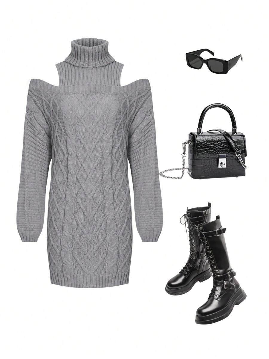 Vestido suéter de cuello alto con hombros abiertos de unicolor informal para adolescentes, otoño/invierno