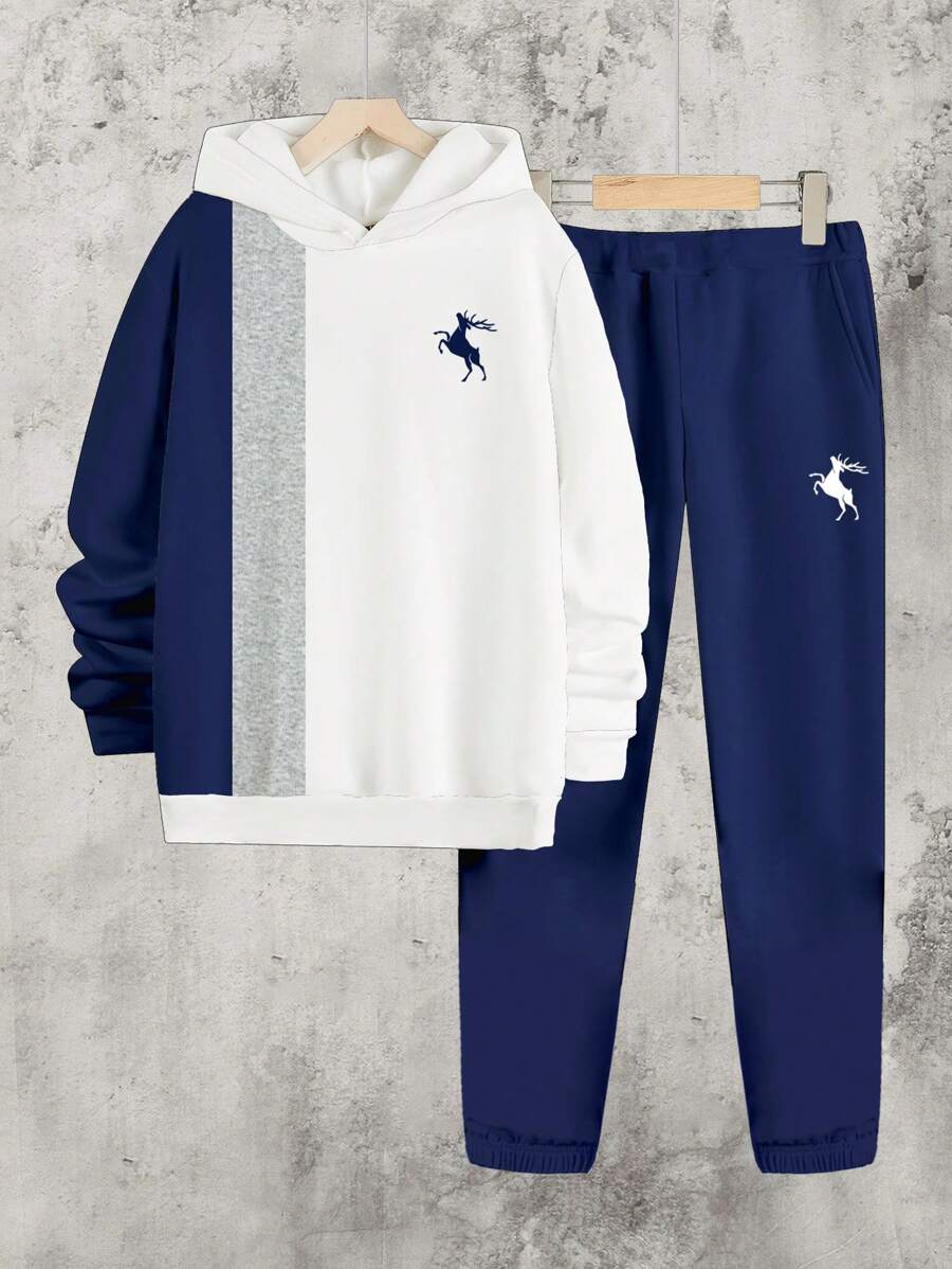 Manfinity Homme Conjunto de chándal con estampado de ciervos, sudadera con capucha y pantalón de chándal casuales y deportivos para hombre en otoño