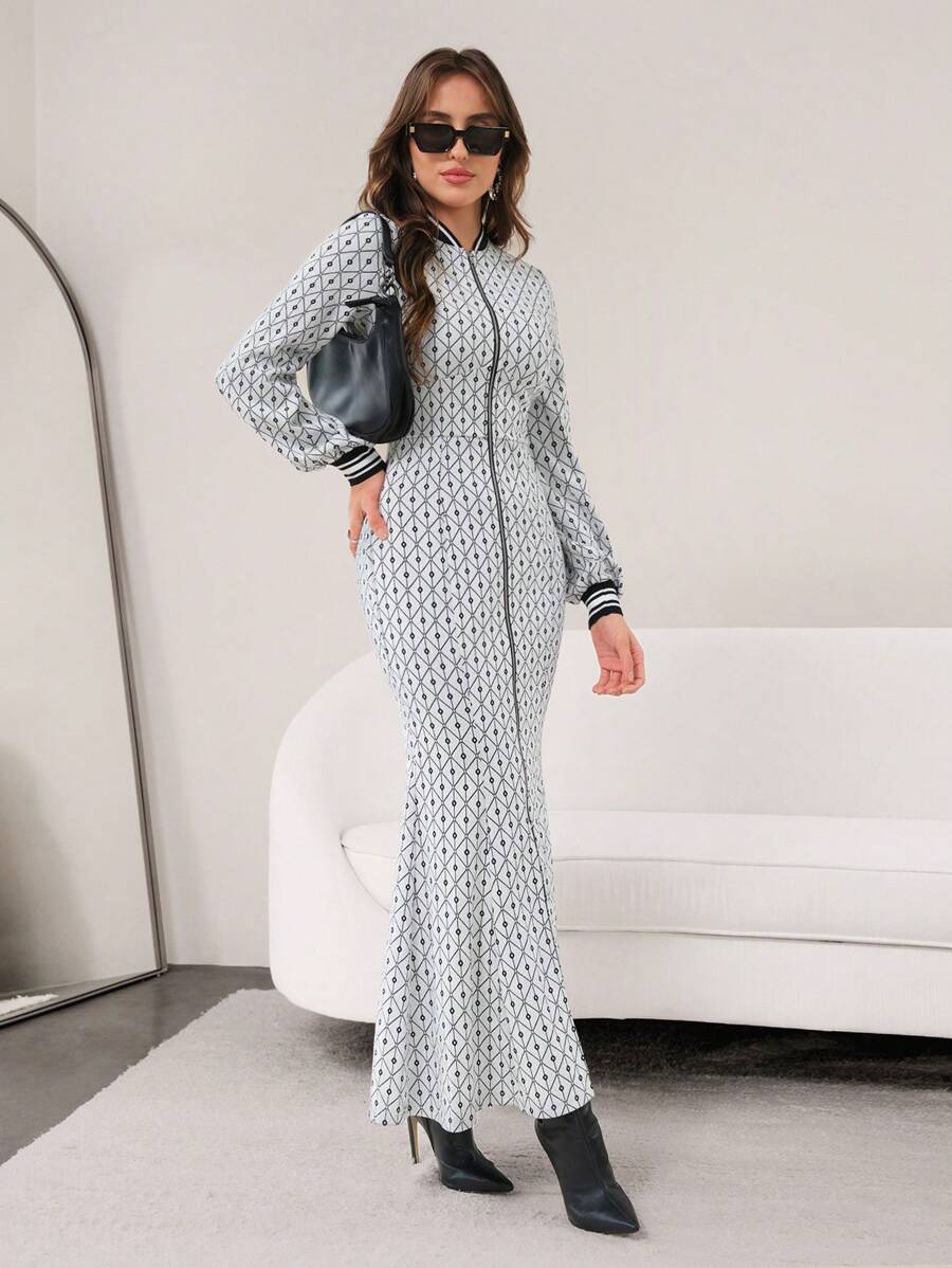 Mulvari Women Striped Collar Zip Front Long Sleeve Dress, Fashionable For Autumn