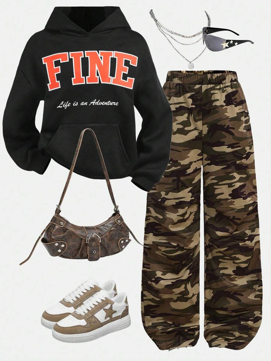 SHEIN Girlism Conjunto informal de 2 piezas para adolescentes: sudadera con capucha con bloque de color y estampado de letras + pantalones holgados de camuflaje, estilo callejero, de vuelta al colegio