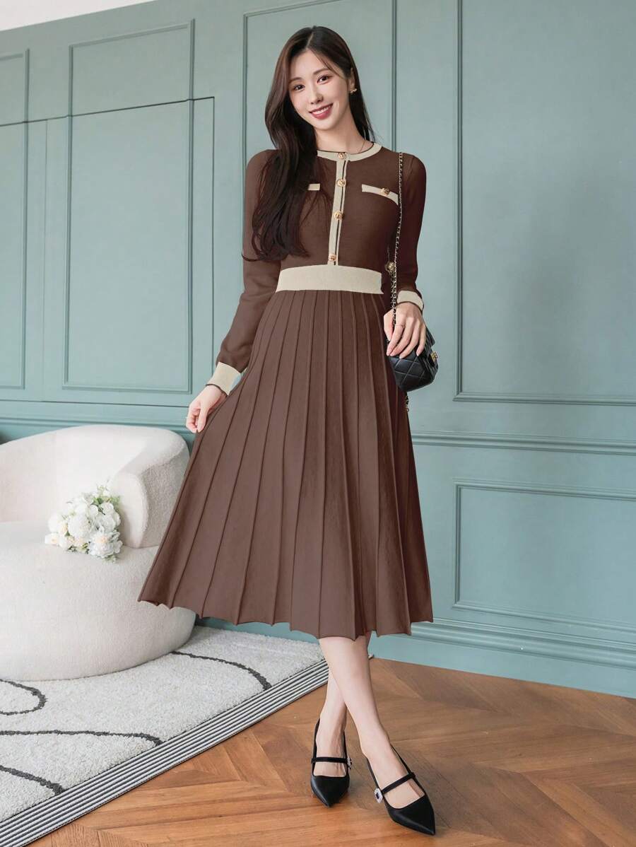 DAZY Vestido suéter largo minimalista con mangas largas, botones frontales y bolsillo falso, ropa de mujer para el otoño
