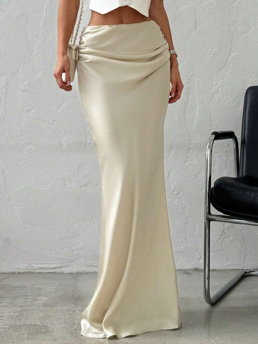 Firerie Elegant Simple Romantic Date/Work Versatile Solid Color Satin Maxi Skirt, Low Waist In Beige, Autumn/Winter,Graduation,Teacher Outfits For Women,Back To School