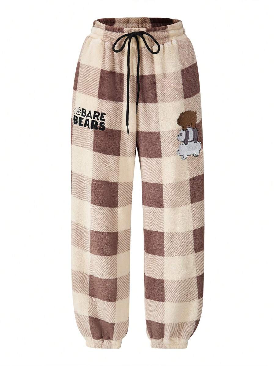 We Bare Bears X SHEIN Men's Casual Embroidered Cartoon Bear & Letter Gingham Print Flannel Drawstring Waist Jogger Pants, Autumn/Winter