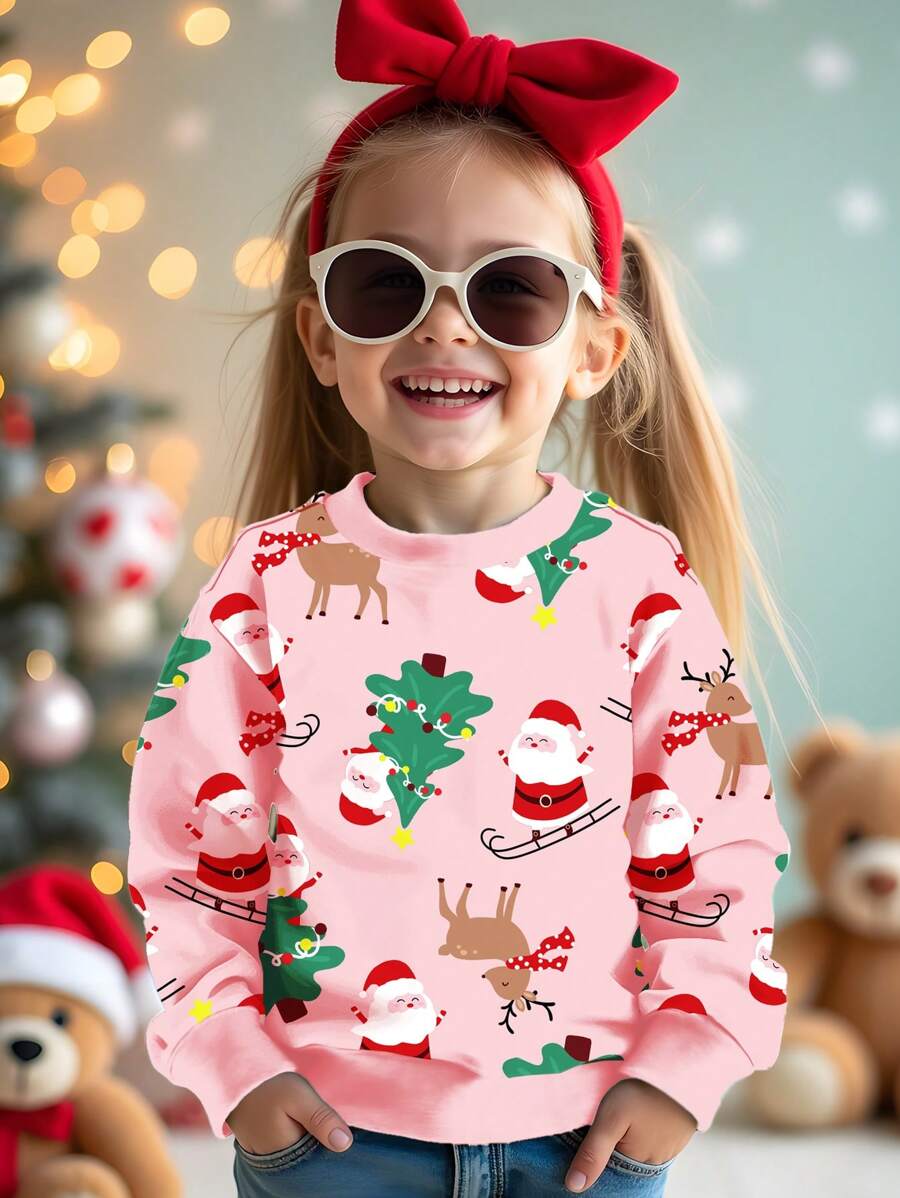 SHEIN Pull ample et confortable en tricot à col ras-du-cou pour bébé fille, avec imprimé mignon du père Noël, des rennes et d'un sapin de Noël