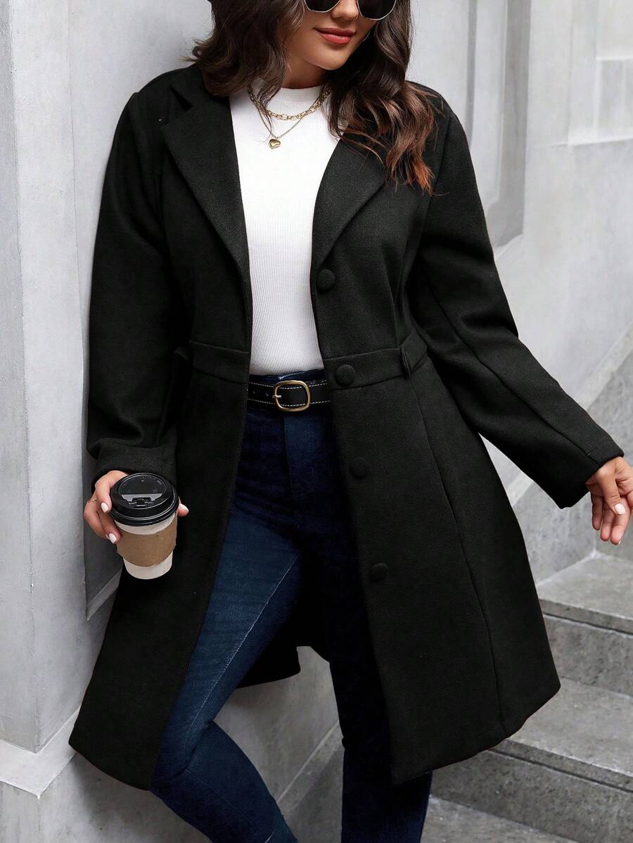 SHEIN Clasi Plus Size Solid Color Casual Daily Wear Notched Collar Single-Breasted Coat, Autumn, For Winter