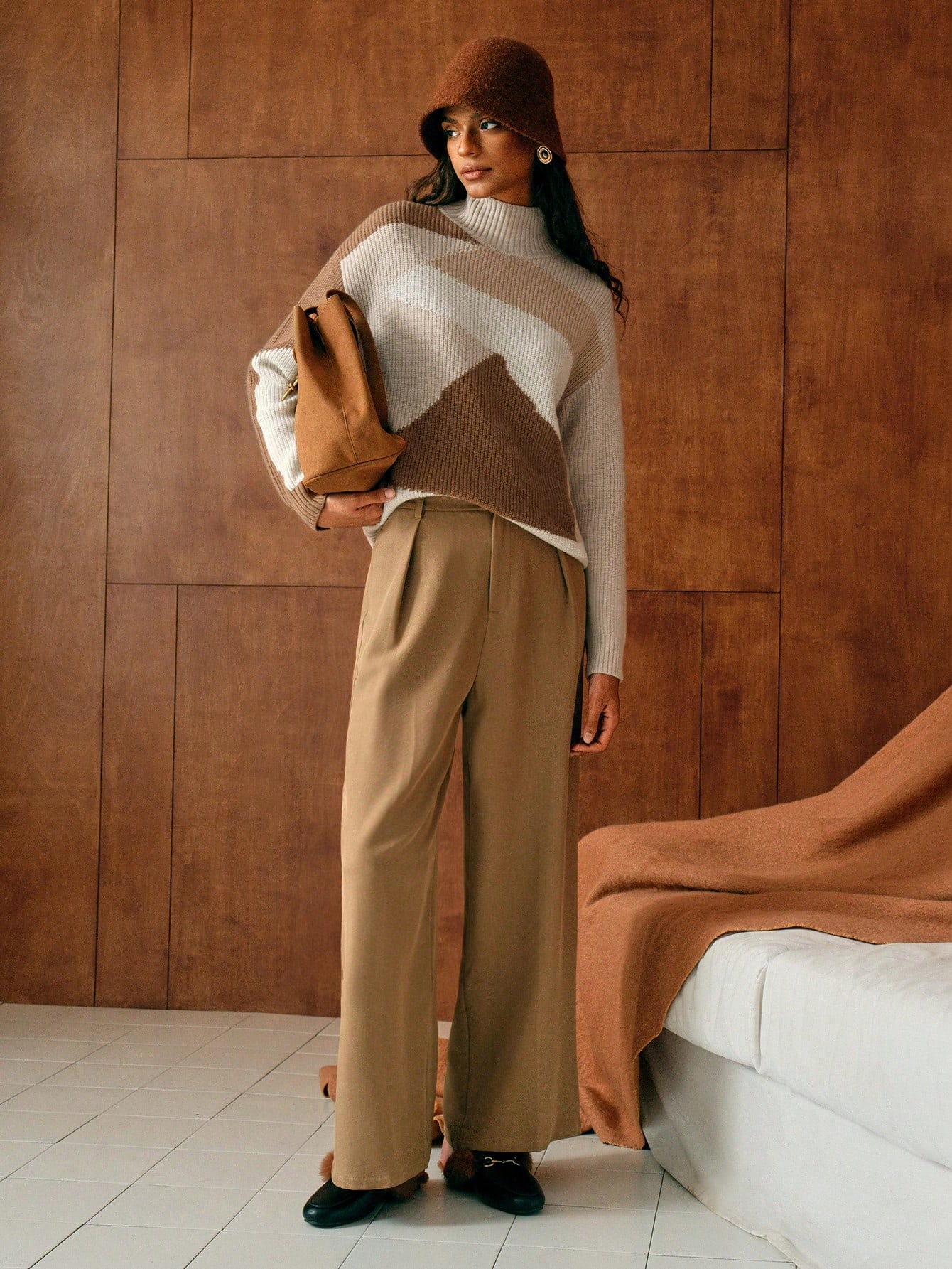 100% PURE WOOL COLORBLOCK HIGH NECK DROP SHOULDER OVERSIZE