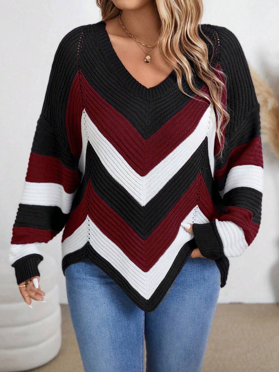 Pull surdimensionné décontracté à blocs de couleur rayés avec ourlet asymétrique, pour l'automne/l'hiver