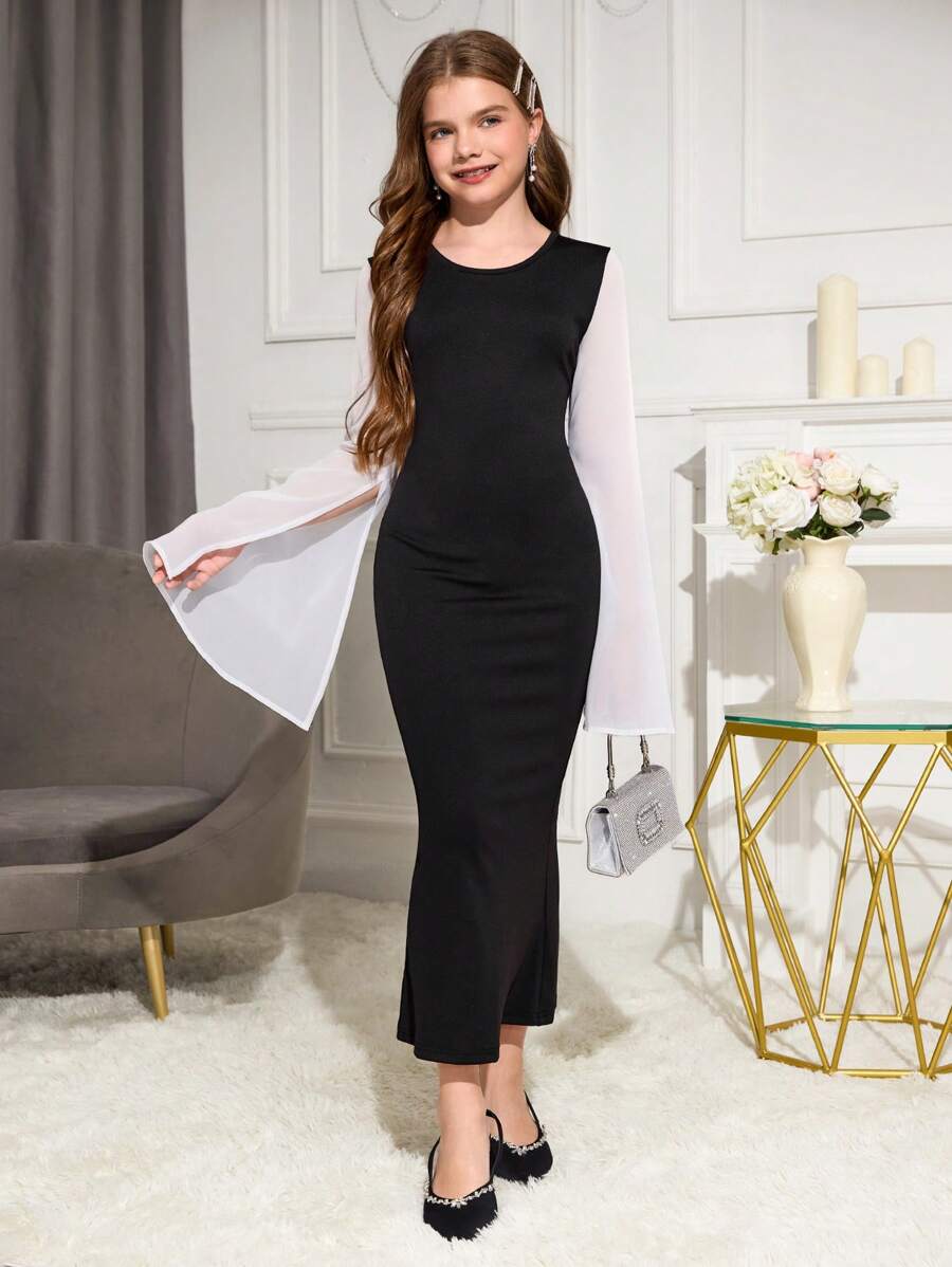 SHEIN Rochie sirena pentru fete Tween, cu maneci lungi, imbinare clasica alb-negru, rochie eleganta de petrecere, modesta si gratioasa pentru ocazii formale