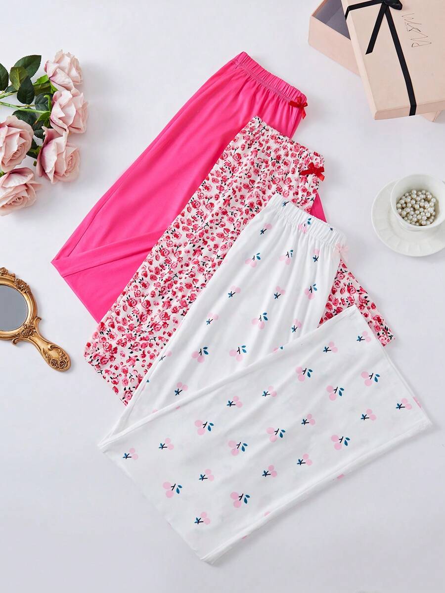 Set de 3 piezas Pantalones de pijama de mujer con estampado floral y de cerezas