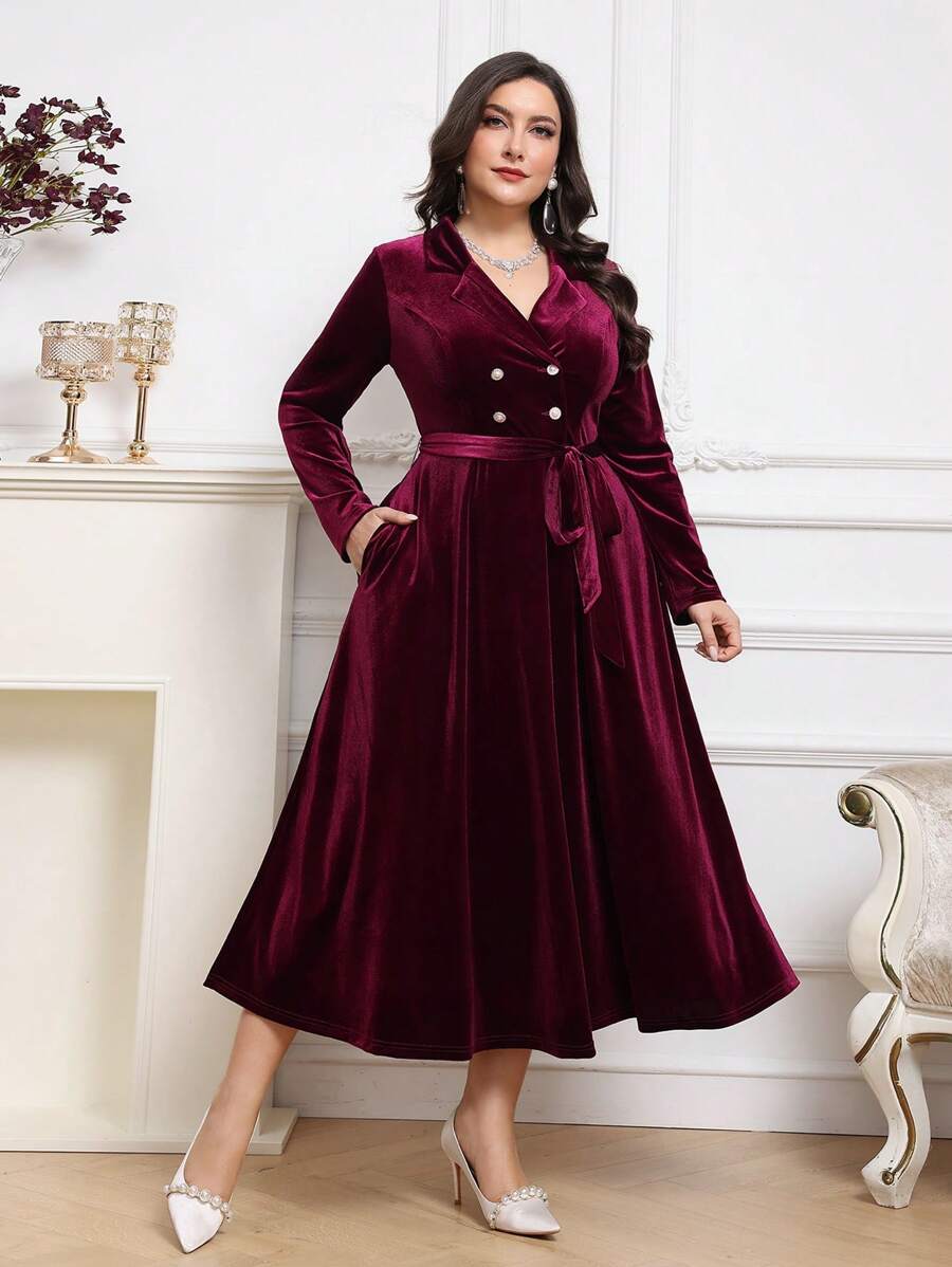 Modelyn Plus Size Solid Color Double-Breasted Midi Dress, Elegant For Autumn/Winter Long Evening Dresses