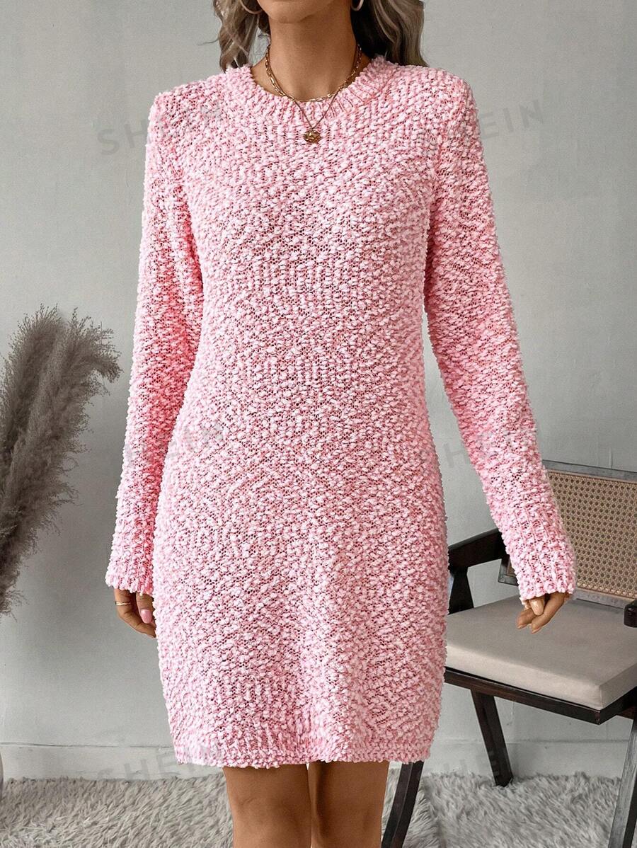 SHEIN LUNE Vestido de suéter casual de unicolor, cuello redondo, manga larga y bajo recto para mujer, otoño/invierno