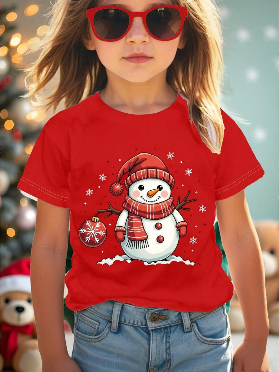 SHEIN Christmas Cute Snowman Pattern Casual Minimalist Short Sleeve Round Neck T-Shirt For Tween Girls, Suitable For Summer