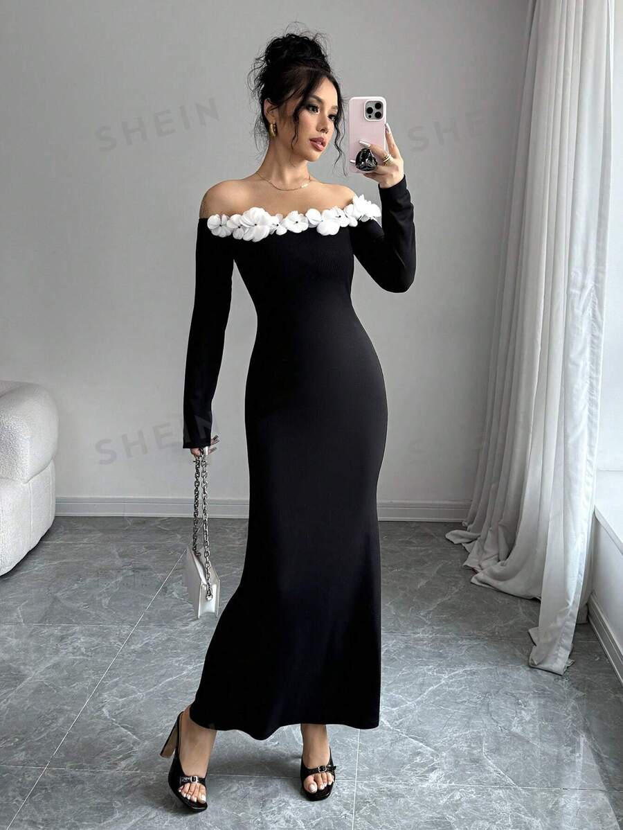 Chiquease Vestido ajustado con decoración floral y escote barco para mujer, elegante para otoño/invierno