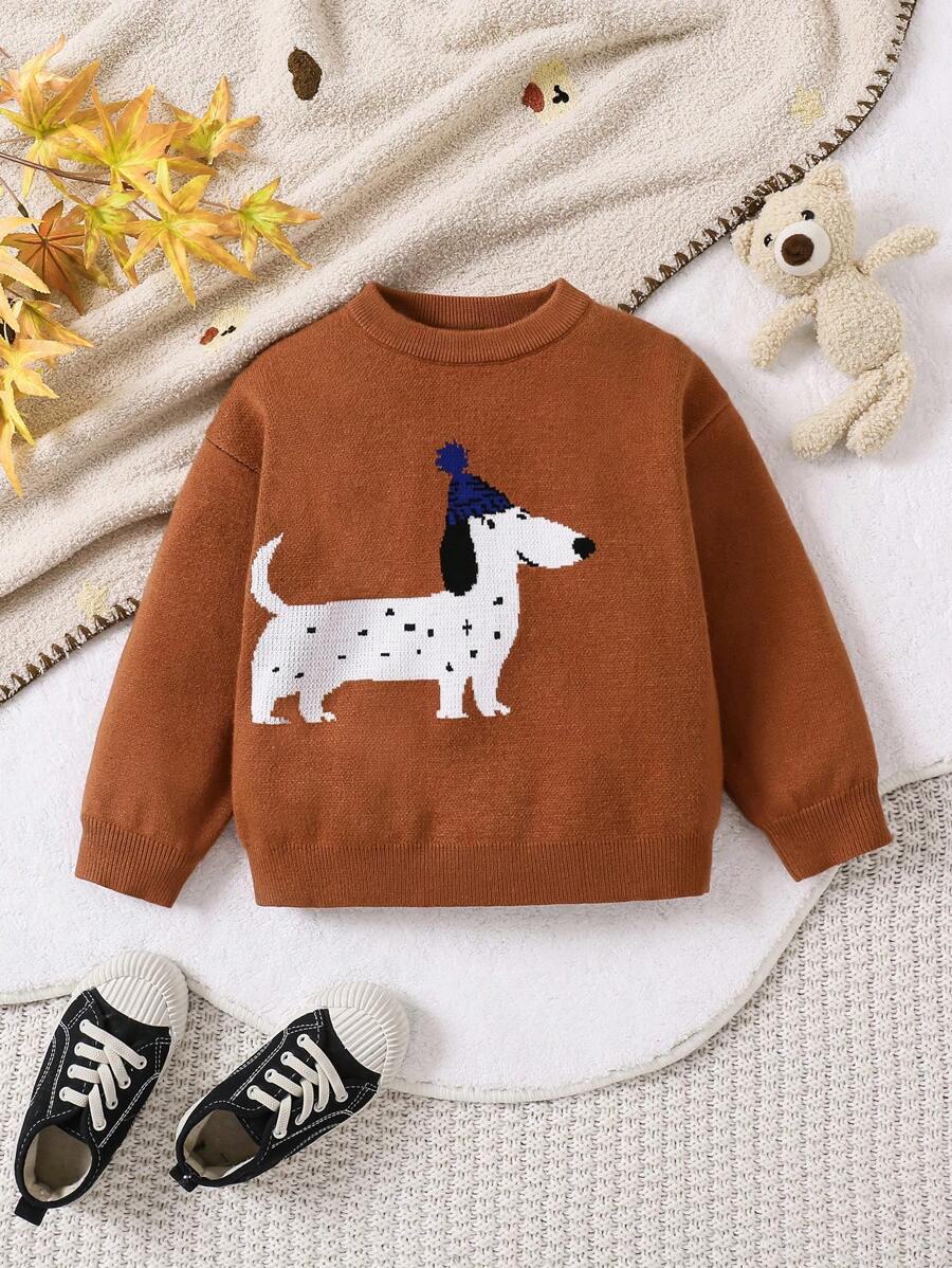 Pull en tricot avec motif jacquard de chien teckel de dessin animé pour jeunes garçons, adapté pour l'automne/l'hiver